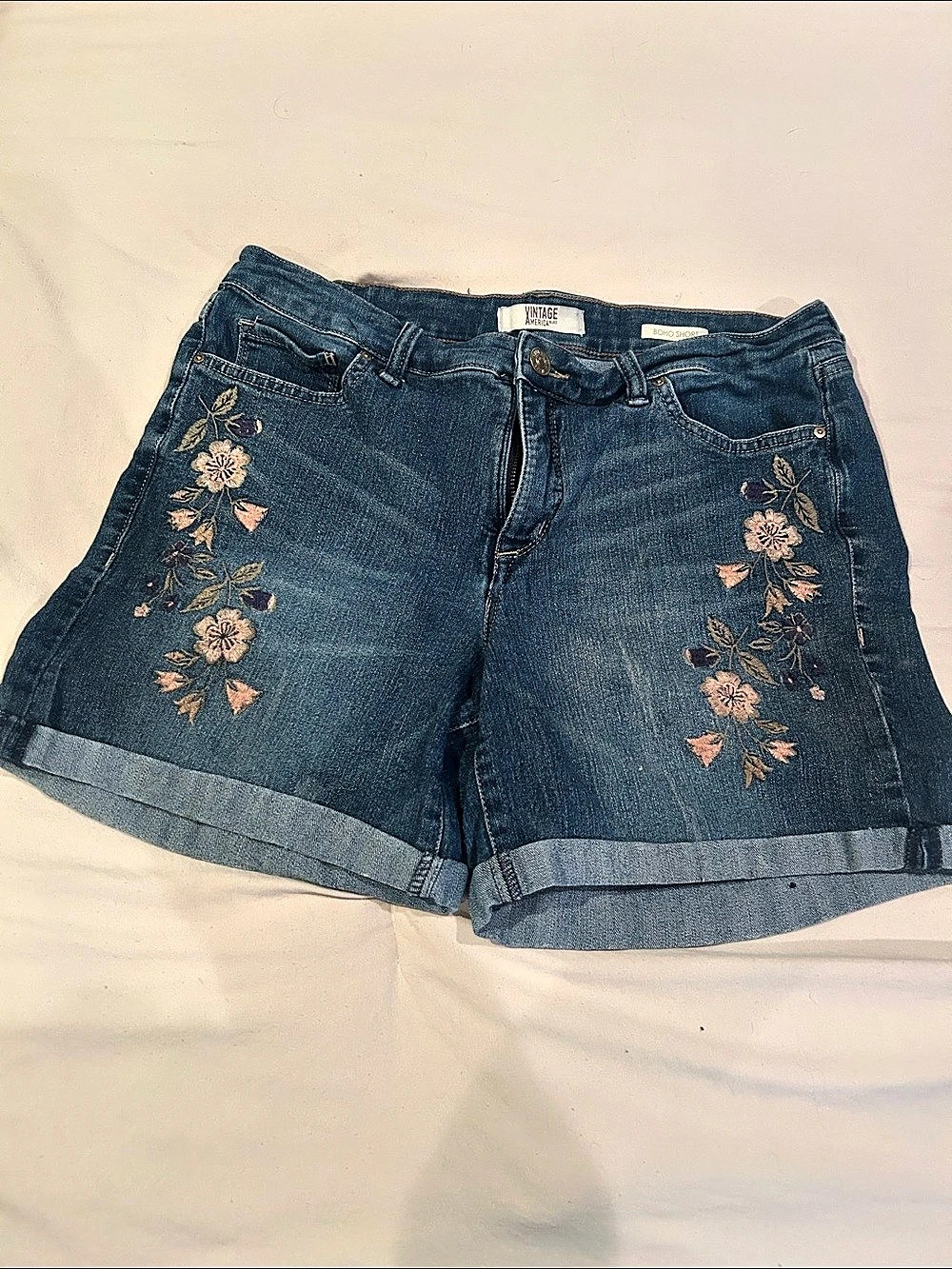 Vintage America Blues Bestie Short Floral Embroidered Jean Shorts in Blue Like